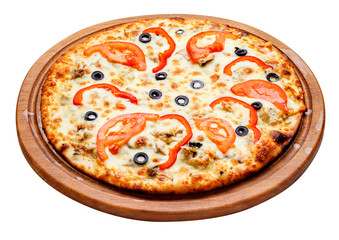 pizza on wooden plate
