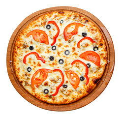 pizza on wooden plate