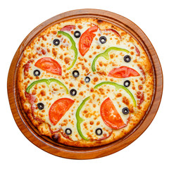 pizza on wooden plate