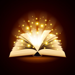 Old opened book with magic light vector background