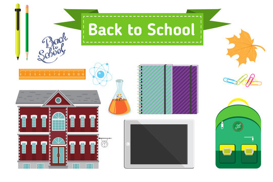 Hand drawn back to school lettering illustration with set of