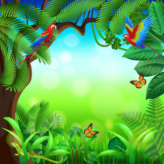 Obraz premium Tropical jungle with animals vector background