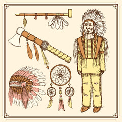 Sketch native american set in vintage style