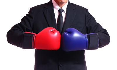 businessman in boxing gloves isolated on white background.