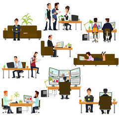 Vector business people in flat style. isolated icon of people working on the computer. people work in different places.