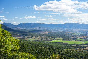 Mount French lookout overlooking Boonah and the Scenic Rim in Queensland during the day. The mountain is 579m above sea level and apart of the Moogerah Peaks National Park.
