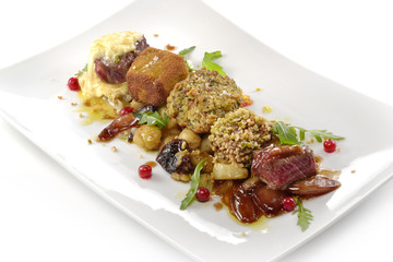 meat dish, variations cubes of steak, grilled, breaded, flavored