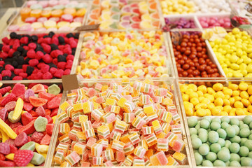 Candy shop/Various jelly candies in candy shop. Very shallow depth of field for soft background.Sweet food.