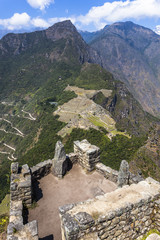Fototapeta na wymiar View from Waynapicchu to Machu Picchu, Peruvian Historical San