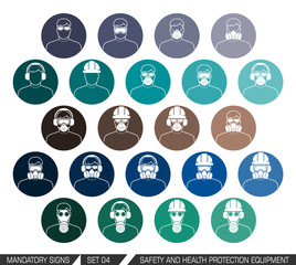 Safety and health protection equipment.Collection of safety and health protection equipment to be worn on head. Set of safety equipment signs. Vector illustration.