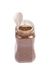 Open jar instant coffee on a white background 