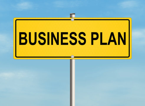 Business plan. Road sign on the sky background. Raster illustration.