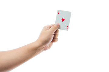 Playing cards in hand isolated on white background