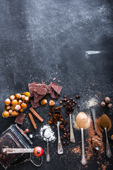 Sweet spices  and chocolate on a table 