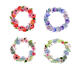 Watercolor flowers wreath set