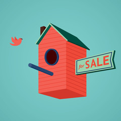 Birds house for sale.Vector illustration. Real estate metaphor.