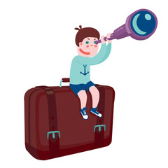 Travel and adventure. Boy sitting on the suitcase. Vector illustration.