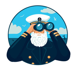 Captain with binoculars. Old bearded sailor  looking through binoculars. Retro styled image isolated on white. 
