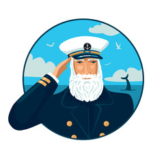 Welcome aboard.Old bearded captain with a cap. Vector illustration with a sea on the background.