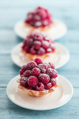 Raspberry tartlets with cream filling and dusted with icing sugar
