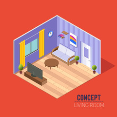 Сoncept room 3d, a lounge with a sofa and TV, a living room with a window and door curtains, isometrics composition