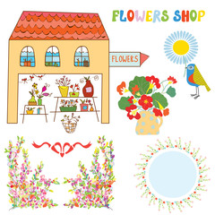 Set for flowers shop - vase, bunchs, frames, bows - cute design