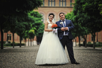 Newlyweds background alley of old architecture house and tower