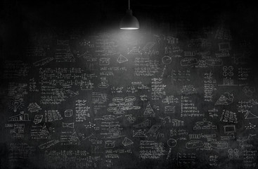 room with pendant lamp and business idea concept on wall blackboard blackground