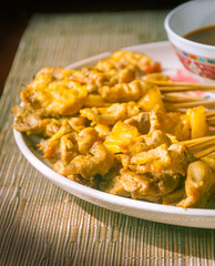 Grilled pork satay with skewer on dish