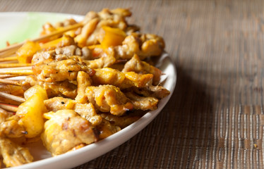 Grilled pork satay with skewer on dish