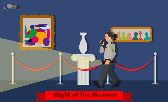 Night at the Museum. Museum security guard patrols at night. Vector illustration in a flat style.