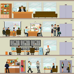 scenes of people working in the office. Interior office. Vector illustration in a flat style.