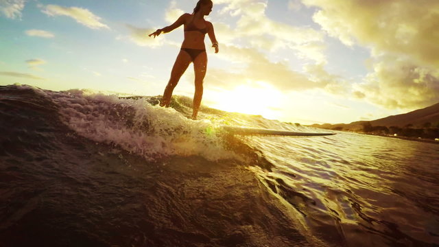 Beautiful Young Woman Surfs a Longboard on an Ocean Wave in Slow MOtionThrough a Golden Sunset with Lens Flares in Hawaii