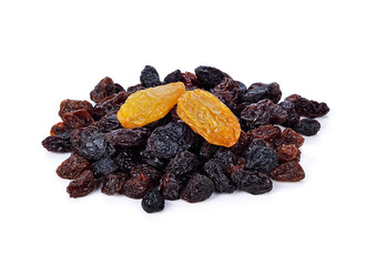Pile of raisins on white background.