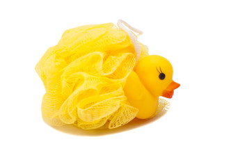 yellow bath duck puff on white background 