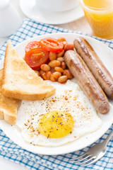 Traditional delicious English breakfast with sausages, vertical