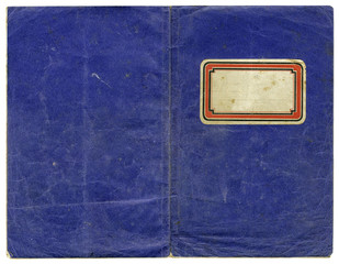 Antique exercise notebook, open purple paper cover with empty label