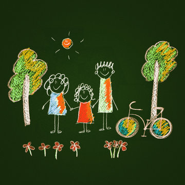 Colorful picture of bicycle and happy family