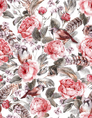 Watercolor floral vintage seamless pattern with roses birds and