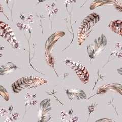 Watercolor floral vintage seamless pattern with feathers