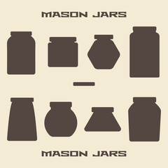 Mason jars  silhouette icons set. 