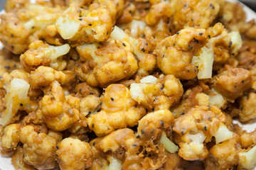 Closeup of cauliflower pakoras with selective focus