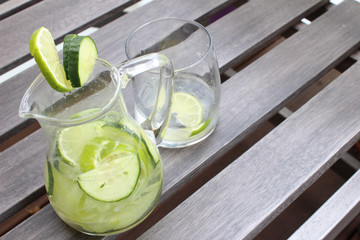 Cold sour refreshing lime cucumber lemonade with ice