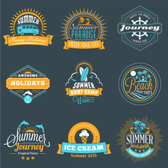 Summer Holidays Design Elements. Set of Hipster Vintage Logotypes and Badges in Three Colors on Dark Background