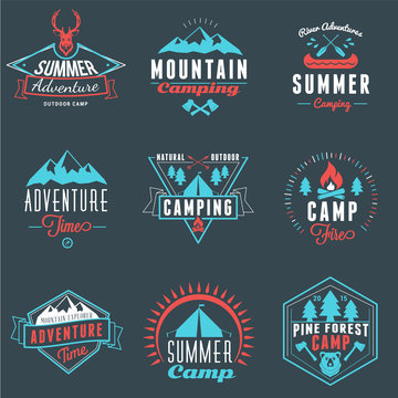 Summer Holidays Design Elements. Set of Hipster Vintage Logotypes and Badges in Three Colors on Dark Background