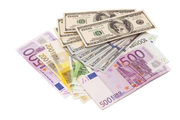 Fototapeta na wymiar Euro Money And Dollars isolated on white 