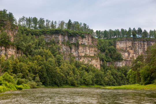 Tourist route to the Urals. Pine forest on a cliff with views of the rive