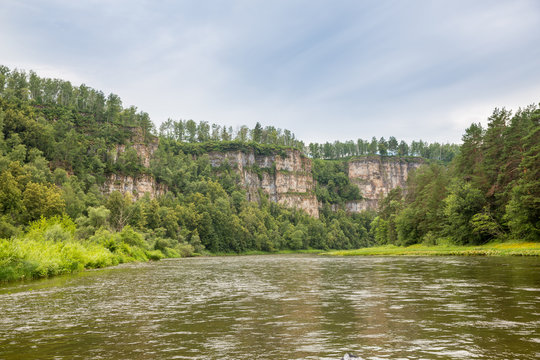 Tourist route to the Urals. Very long rock view from river