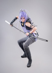 Female fantasy warrior / Female warrior with sword isolated on the gray background