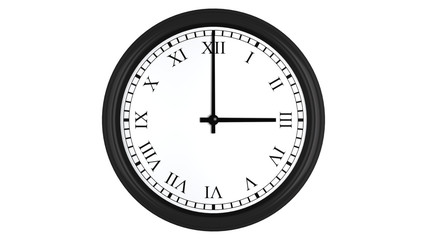 Realistic 3D clock with Roman numerals set at 3 o'clock